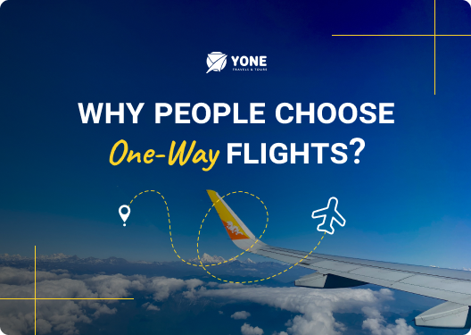 Promotional graphic for Yone Travels & Tours with the text 'Why People Choose One-Way Flights?' against a backdrop of an airplane wing in flight, a clear blue sky, and a dotted line depicting a flight path